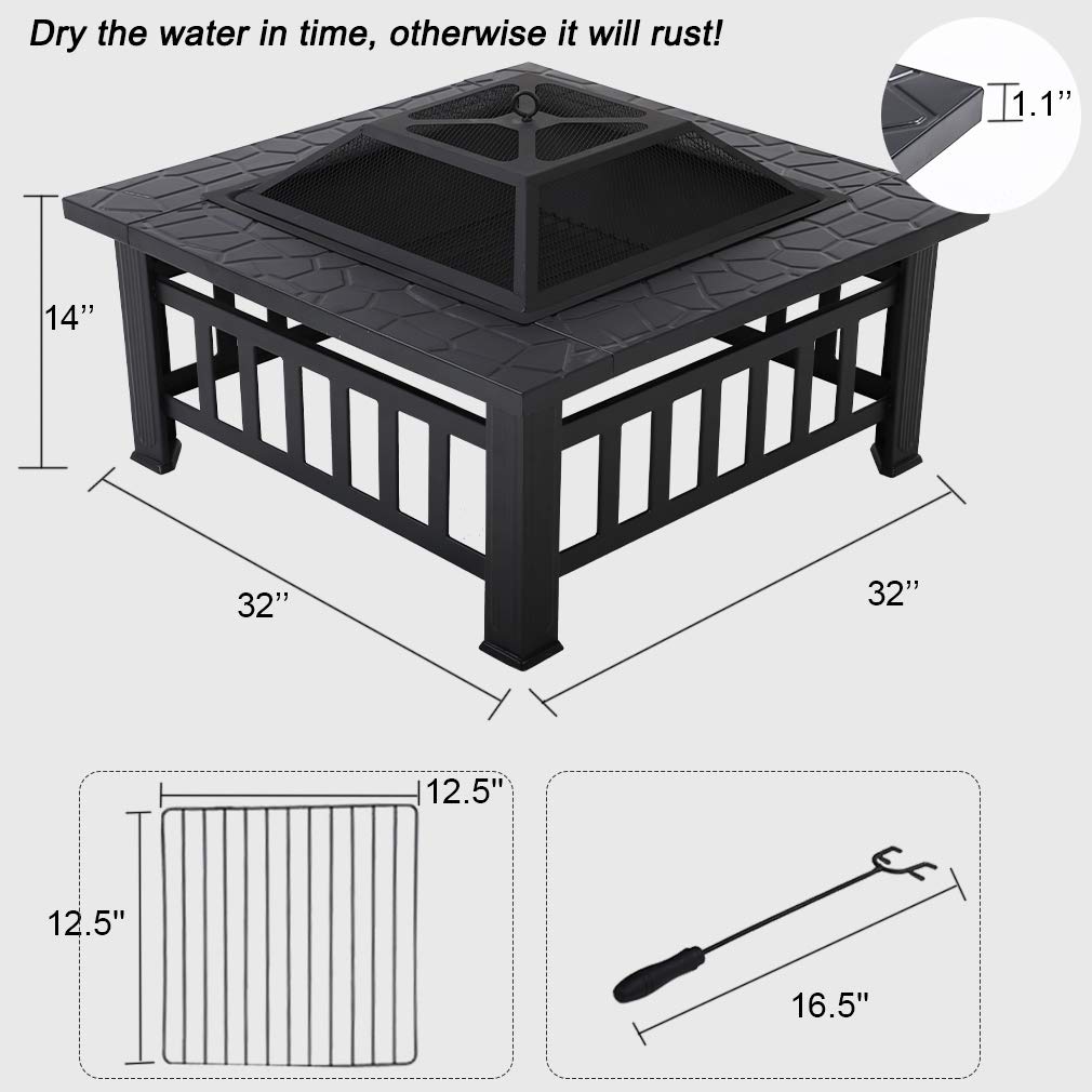 32'' Black Metal Square Wood Burning Fire Pit with Spark Screen Cover, Log Grate, Poker W21408