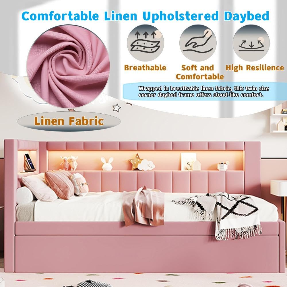 Twin Size Linen Fabric Daybed with Trundle and USB Ports I7910