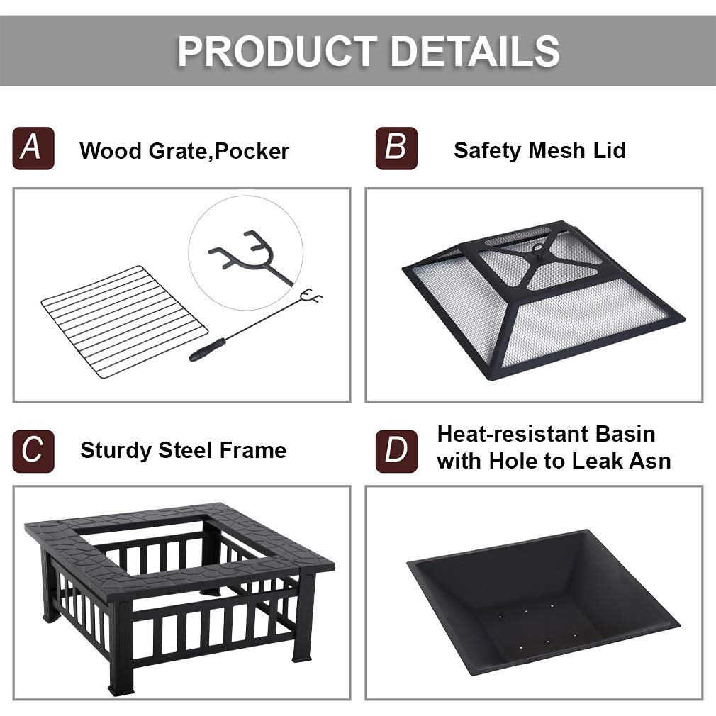 32'' Black Metal Square Wood Burning Fire Pit with Spark Screen Cover, Log Grate, Poker W21408