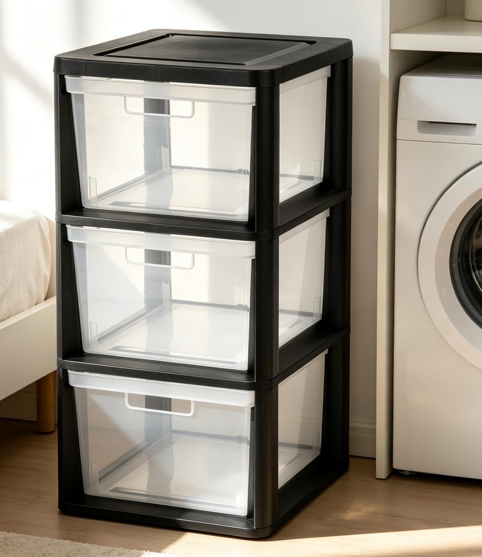 Black 3-Tier Plastic Storage Drawer Tower H37649
