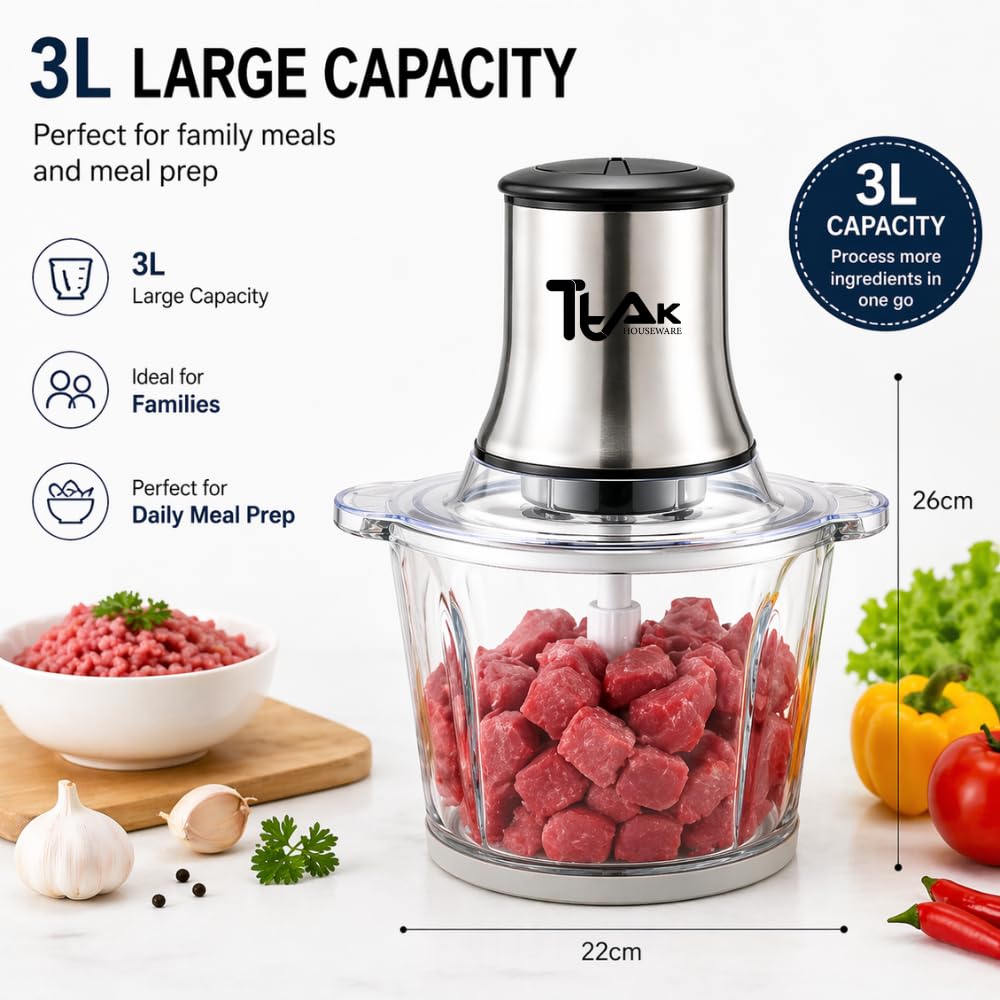 Electric Food Chopper with 3L Glass Bowl, 300W Motor, 4 Blades X6792