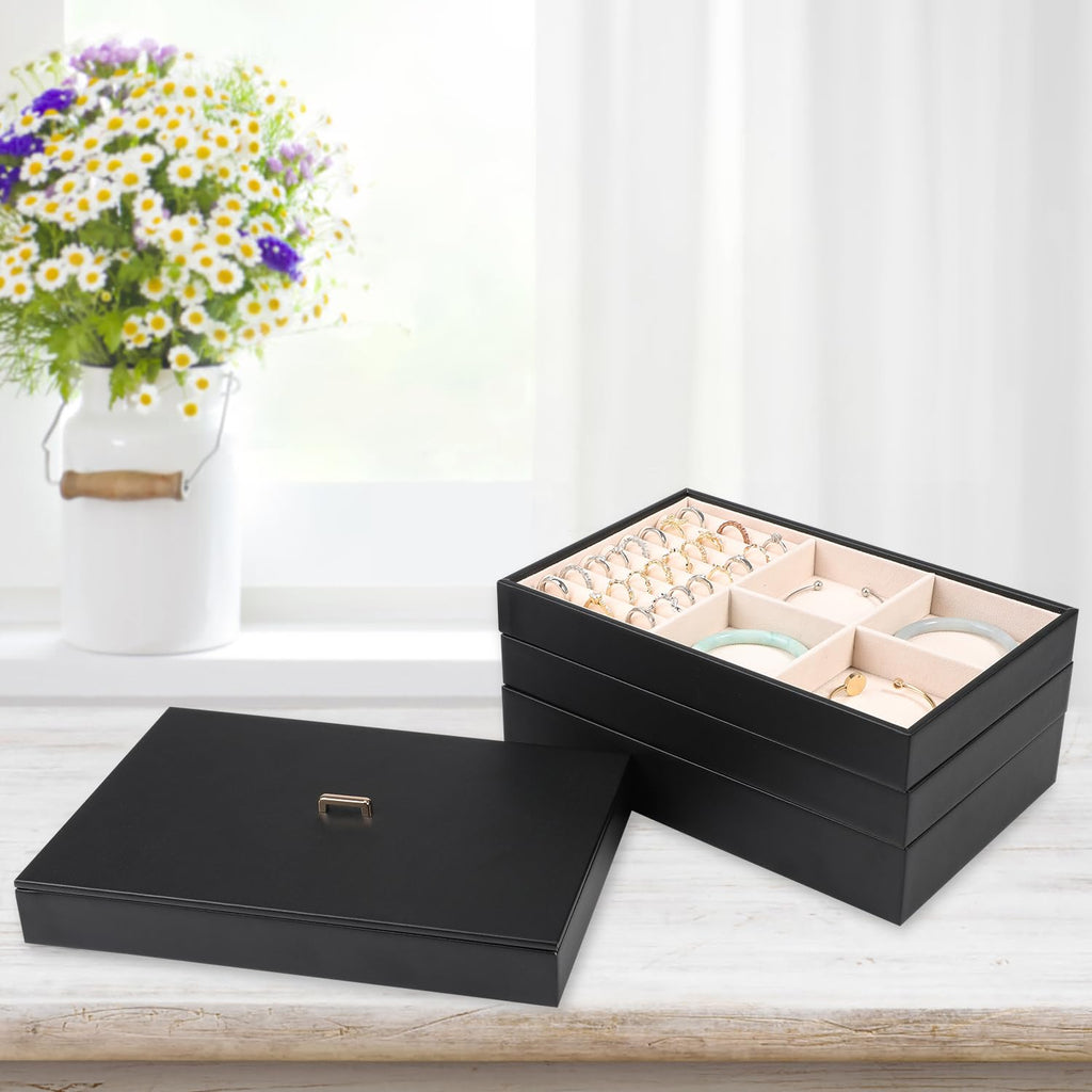 Stackable Jewelry Organizer Tray with Lid Set of 4 Black S456501