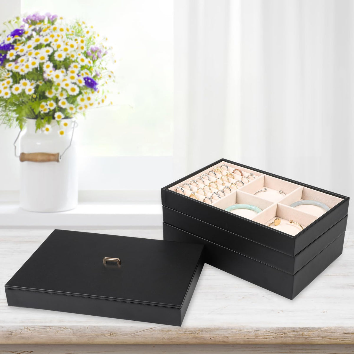 Stackable Jewelry Organizer Tray with Lid Set of 4 Black S456501