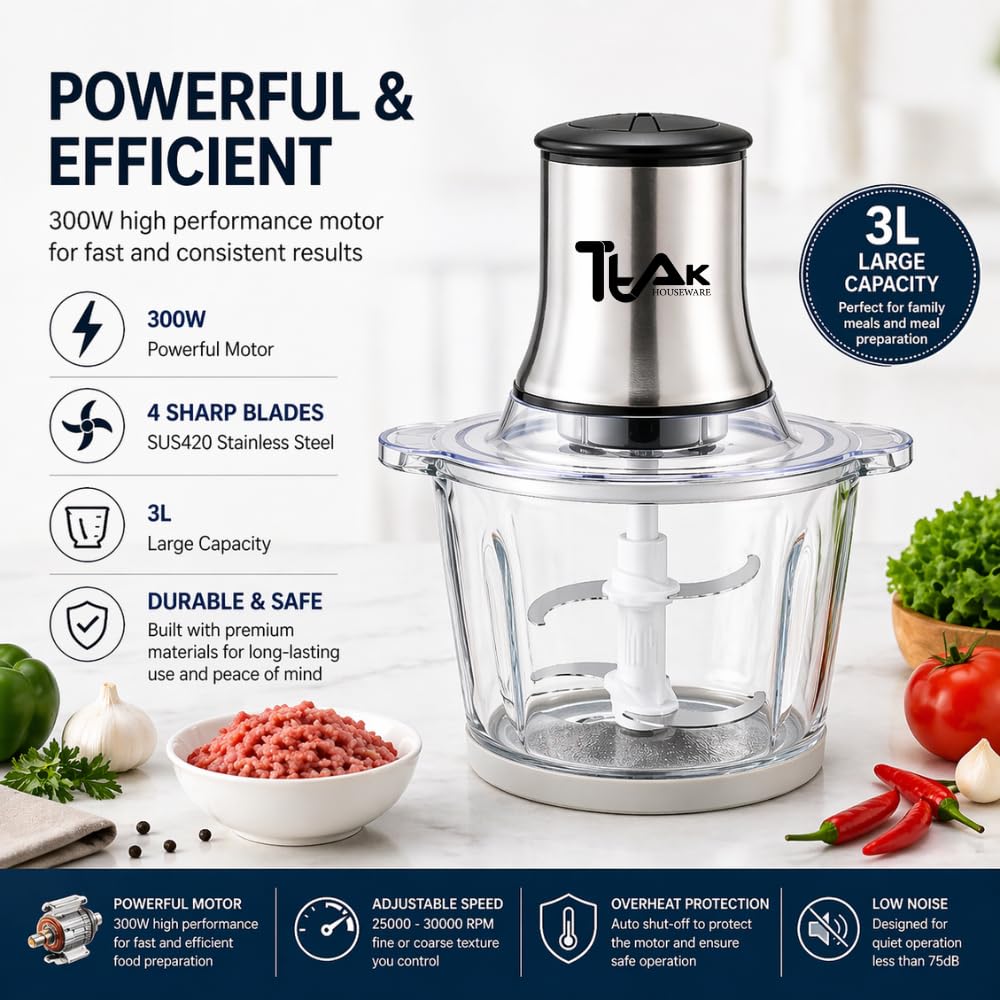 Electric Food Chopper with 3L Glass Bowl, 300W Motor, 4 Blades X6792
