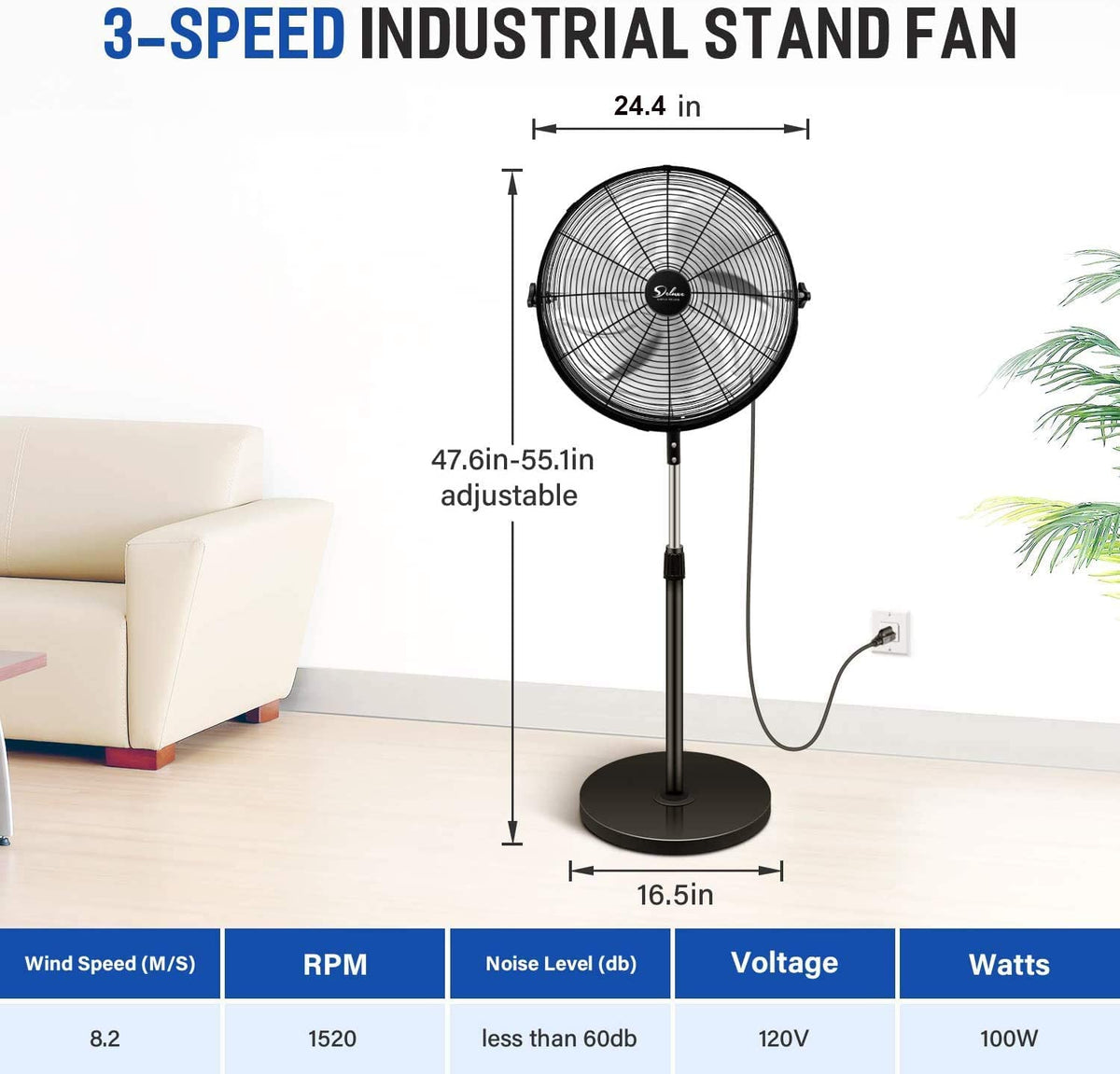 20 Inch 3-Speed High Velocity Metal Pedestal Standing Fan R8449