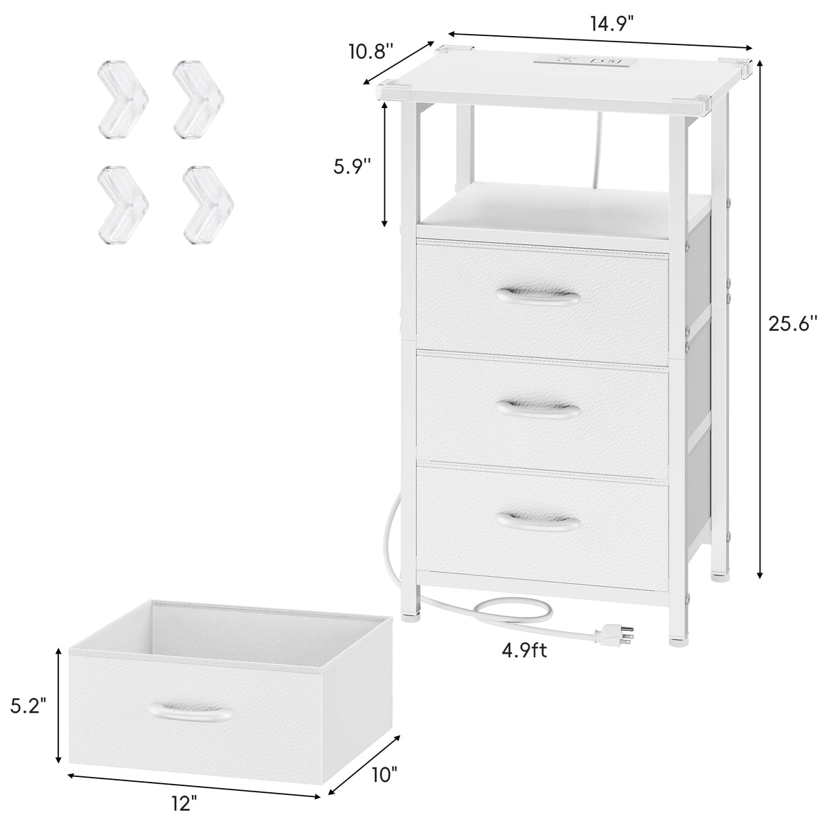White Nightstand with Charging Station and 3 Fabric Drawers Z6115