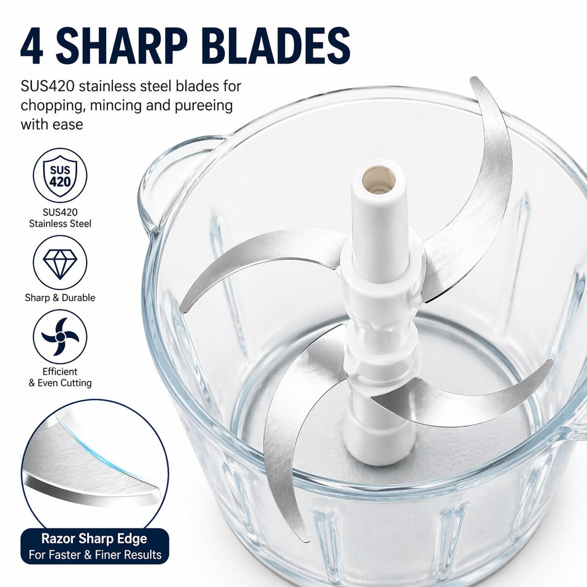Electric Food Chopper with 3L Glass Bowl, 300W Motor, 4 Blades X6792