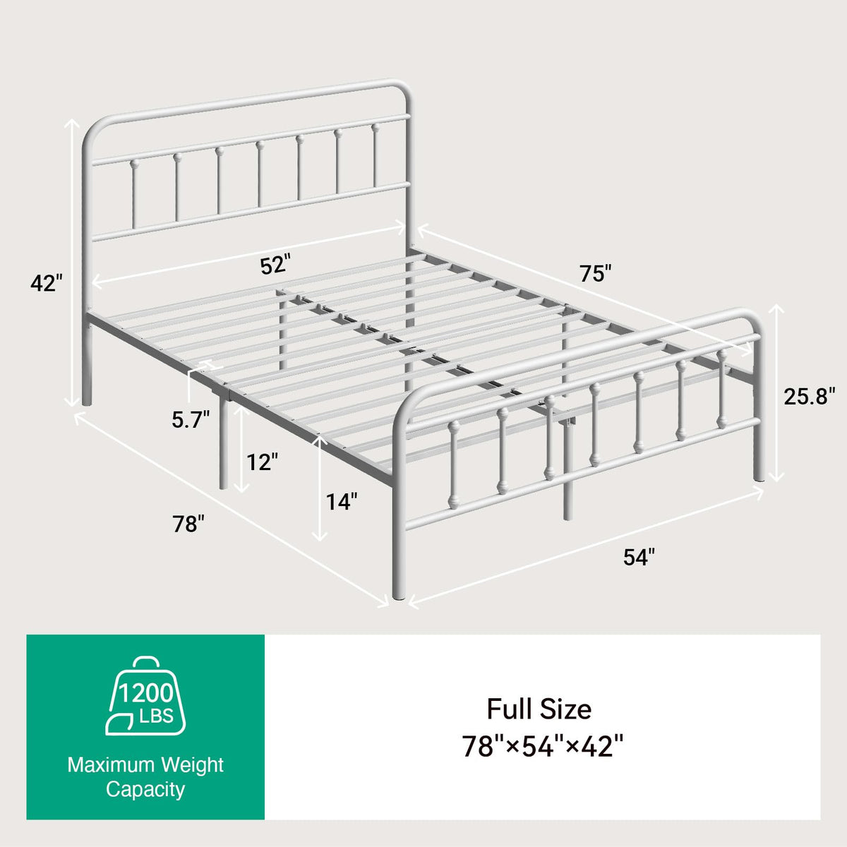 White Metal Full Size Bed Frame with Headboard and Footboard E9701