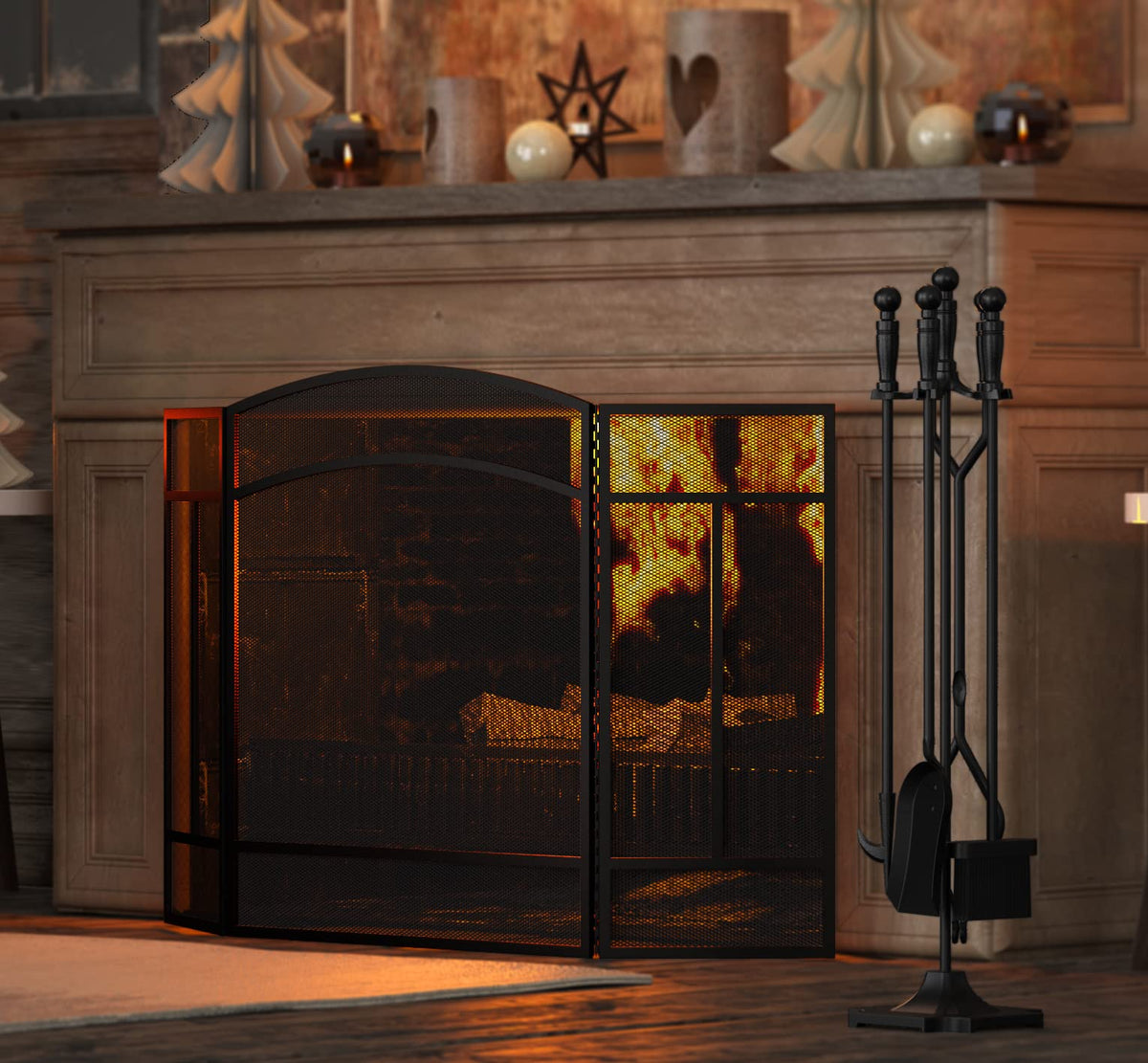 Black 3 Panel Wrought Iron Fireplace Screen V3635