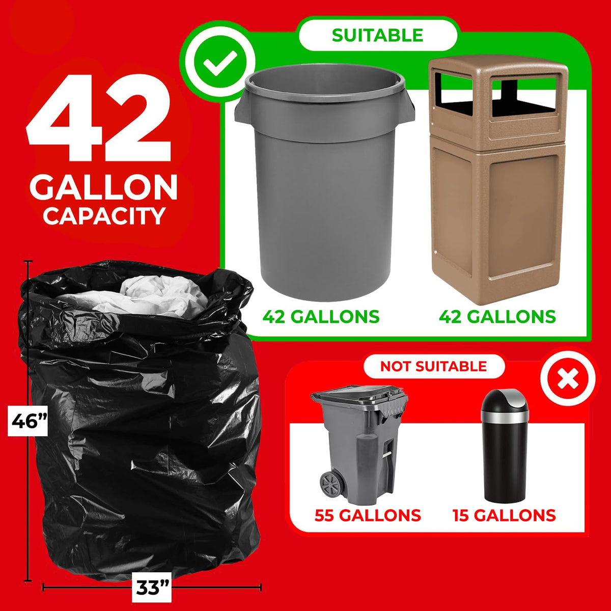 42 Gallon Heavy Duty Black 3 Mil Trash Bags, 50 Count F6071