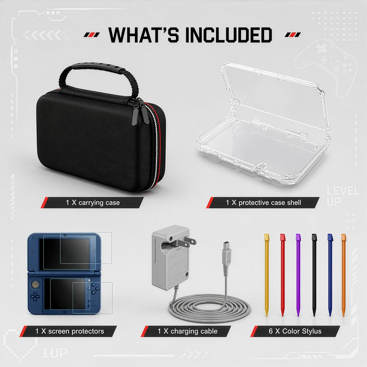 Carrying Case for New 3DS XL LL with Hard Shell and Charging Cable S254