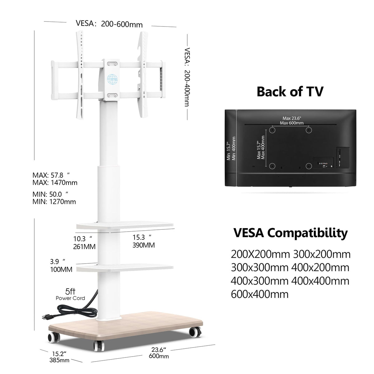 White Rolling TV Stand with Power Outlets S640