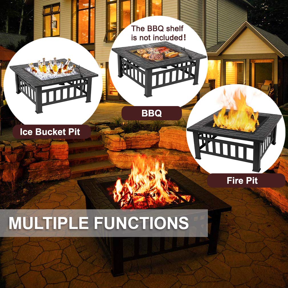 32'' Black Metal Square Wood Burning Fire Pit with Spark Screen Cover, Log Grate, Poker W21408