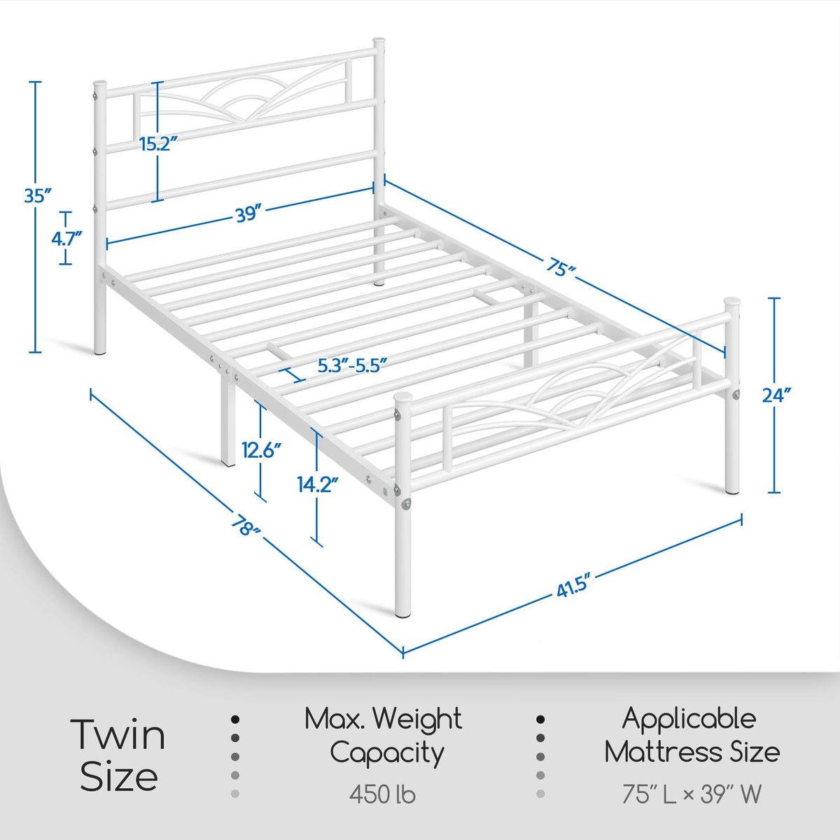 Twin Size White Metal Bed Frame with Headboard U758539