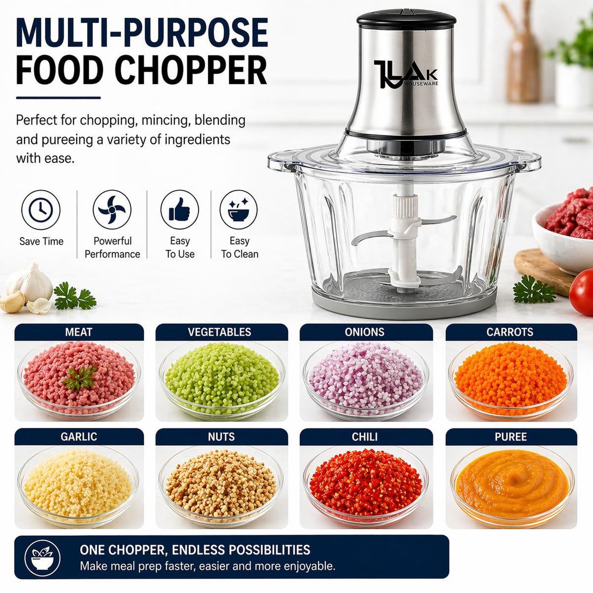 Electric Food Chopper with 3L Glass Bowl, 300W Motor, 4 Blades X6792