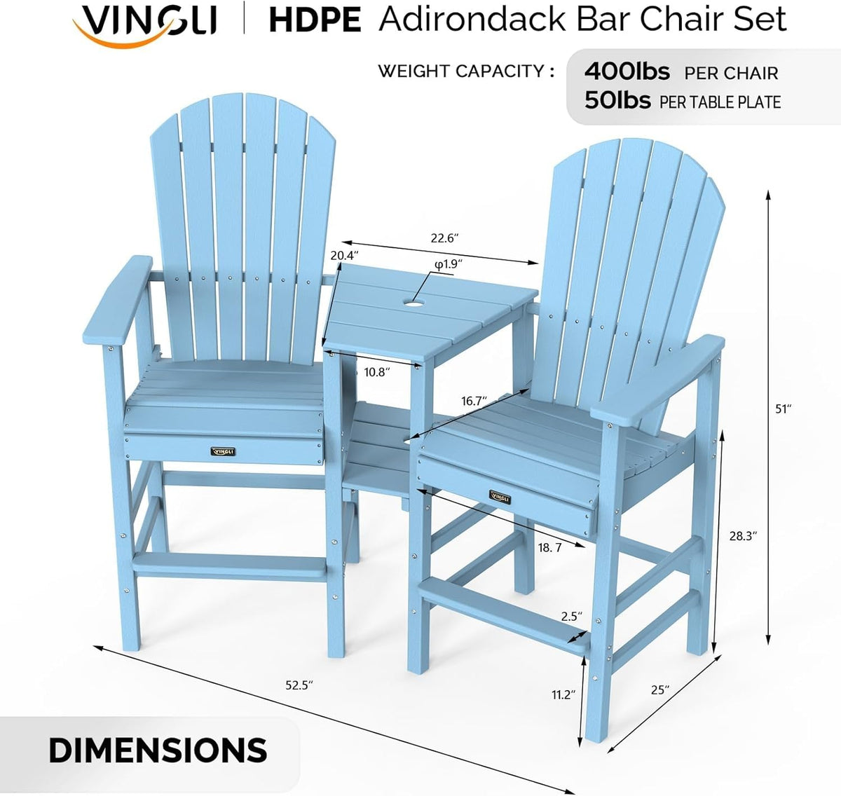 Blue Set of 2 Tall Adirondack Chairs with Dual Trays O780169