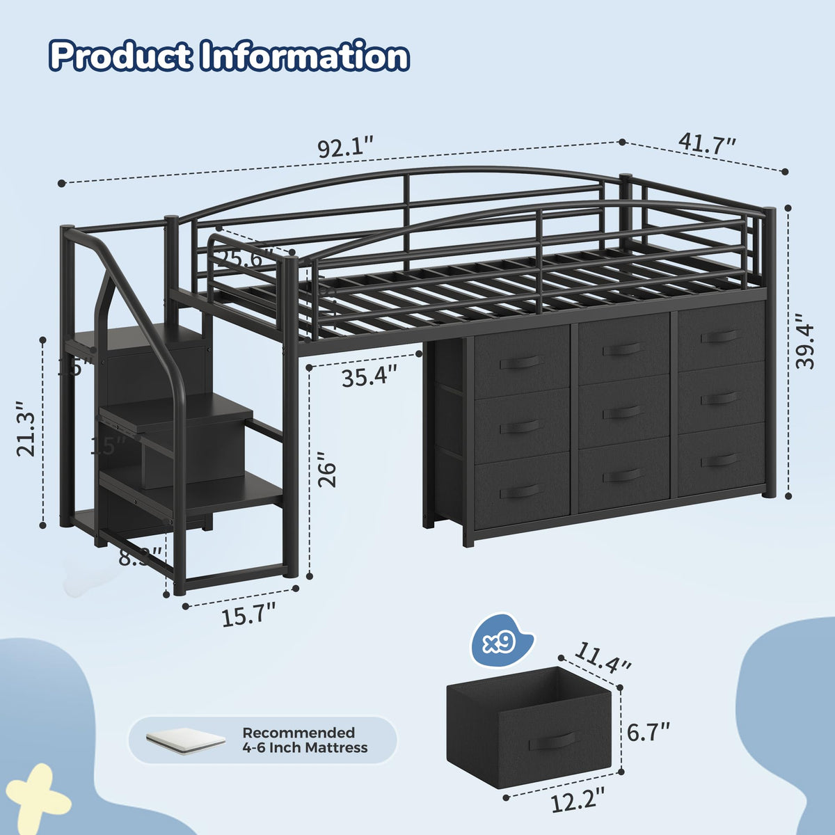 Twin Metal Loft Bed with 9 Storage Drawers and Guardrail A803009