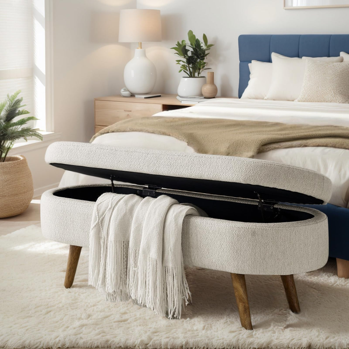 43.5" Beige Linen Storage Ottoman Bench S115