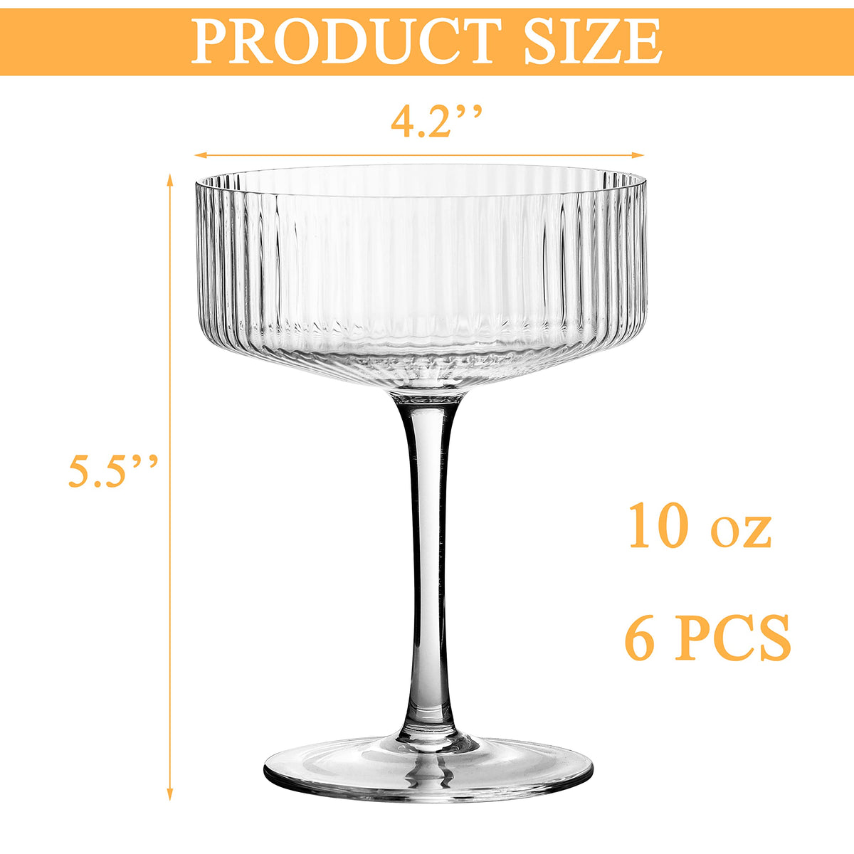 6 Pcs 10 oz Ribbed Coupe Cocktail Glasses I703995