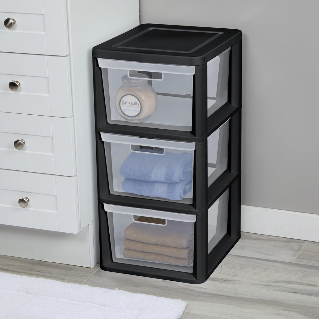 Black 3-Tier Plastic Storage Drawer Tower H37649