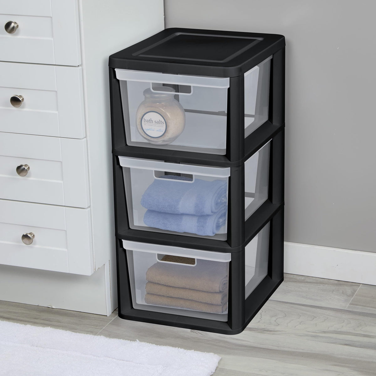 Black 3-Tier Plastic Storage Drawer Tower H37649