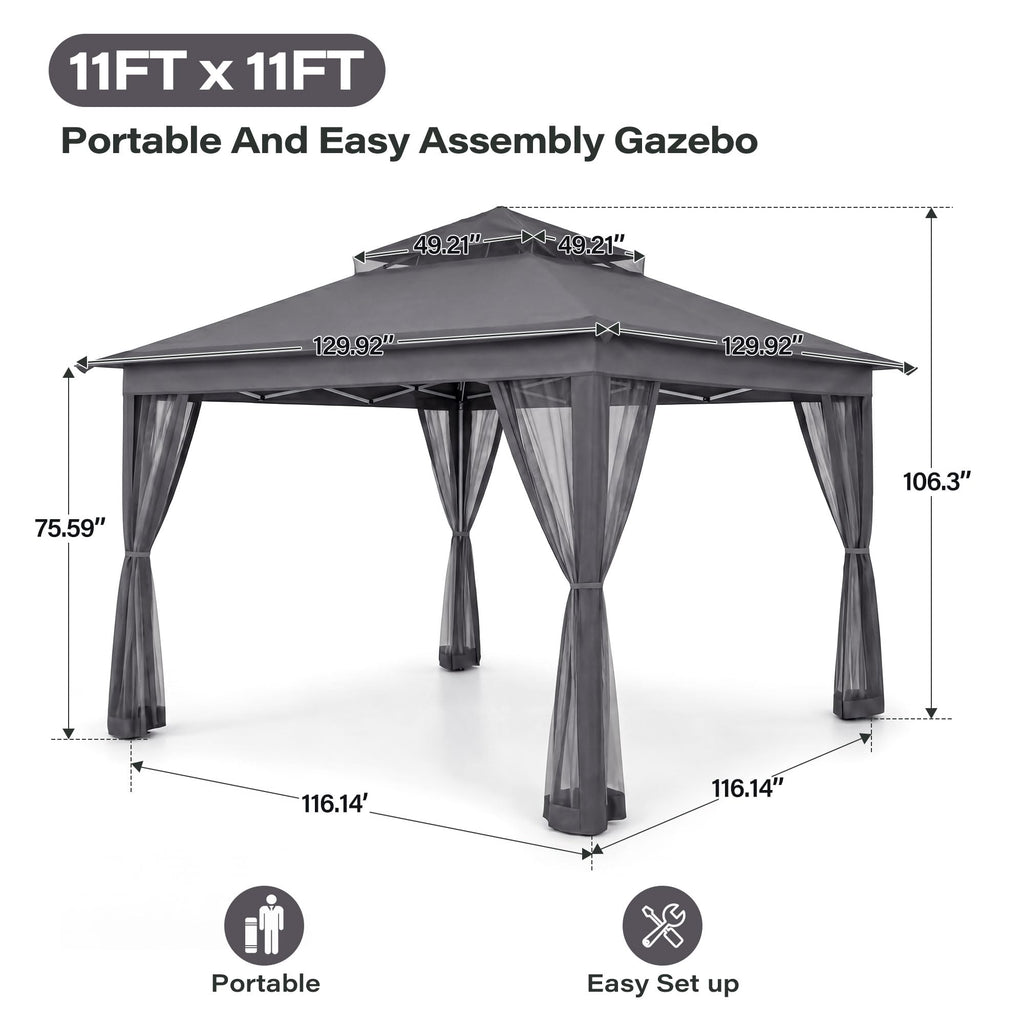 11x11 Pop Up Gazebo Canopy Tent with Mosquito Netting, Adjustable Height, Gray R45185