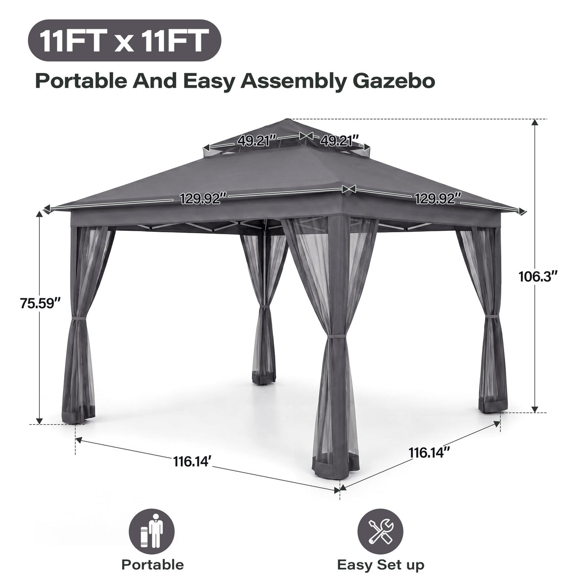 11x11 Pop Up Gazebo Canopy Tent with Mosquito Netting, Adjustable Height, Gray R45185