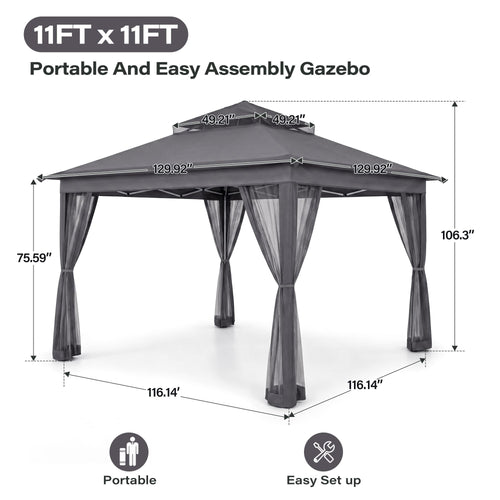 11x11 Pop Up Gazebo Canopy Tent with Mosquito Netting, Adjustable Height, Gray R45185