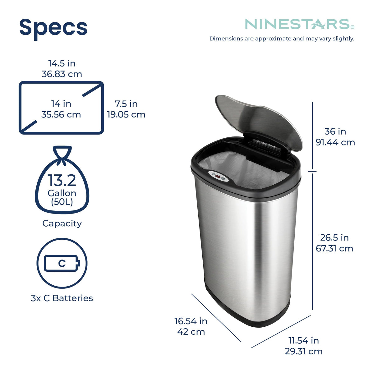 13 Gallon Oval Automatic Trash Can, 50L Stainless Steel D62291