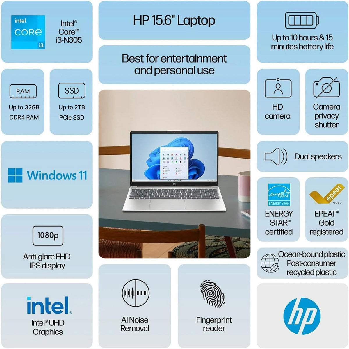 15.6" FHD Laptop Computer 13th Gen Intel i3 8GB RAM 256GB SSD K378