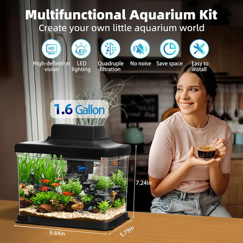 1.6 Gallon Ultra-Clear Aquarium Starter Kit with LED Lighting and Filter V8926