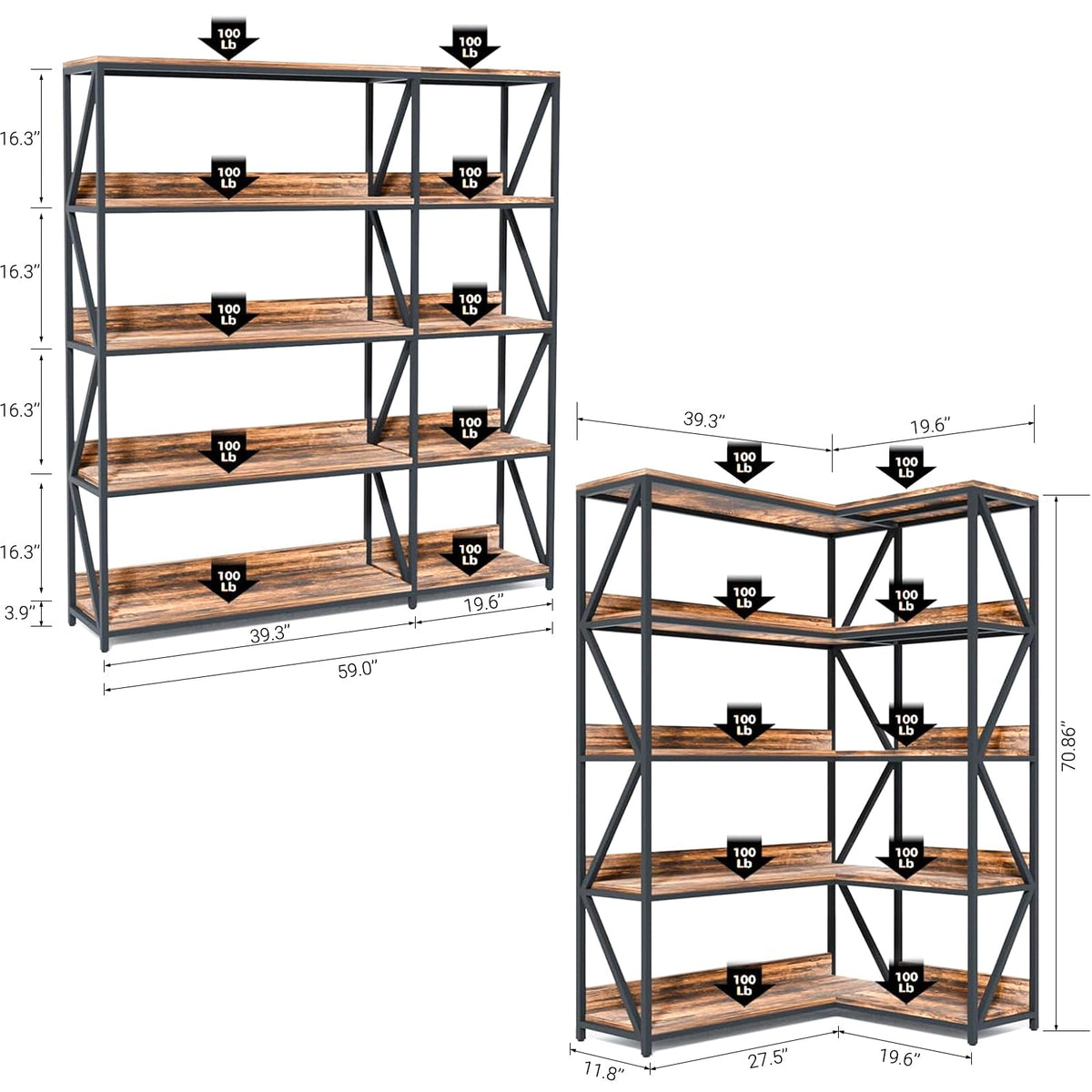 L Shaped 5 Tier Corner Bookshelf with Light F7787