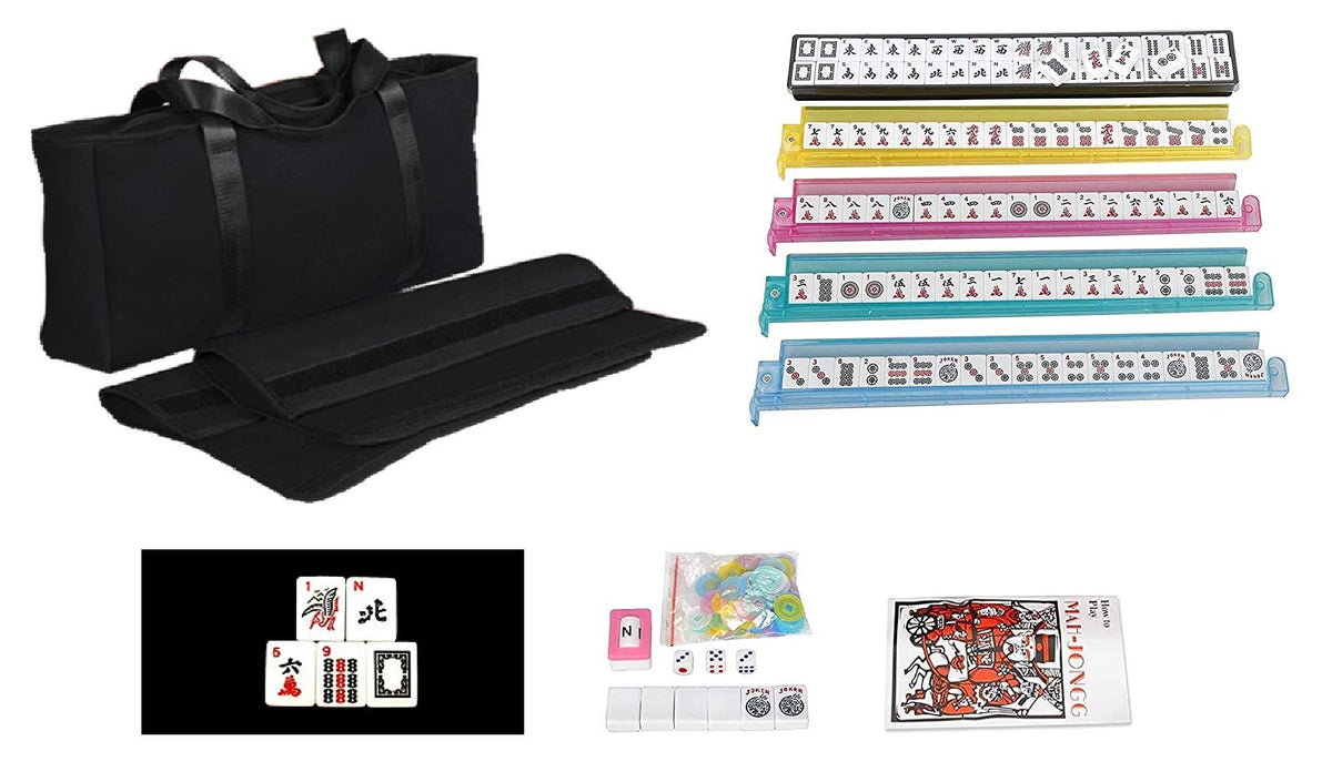 Black Soft Bag 166 White Engraved Tiles Mahjong Set A3981