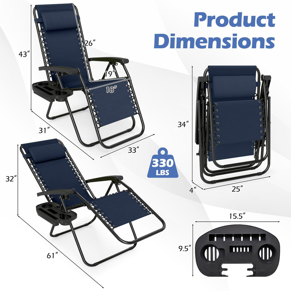 Zero Gravity Chairs Set of 2 Portable Folding Lounger with Pillow Cup Holder S535