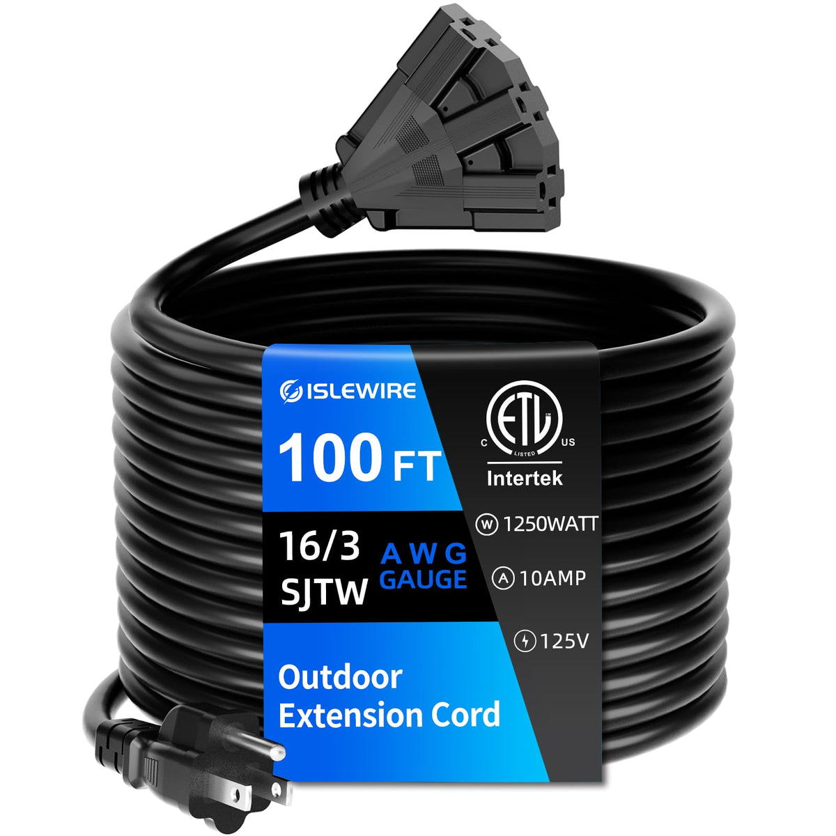 100 FT 3 Outlet Outdoor Extension Cord Waterproof 16/3 SJTW Black R675