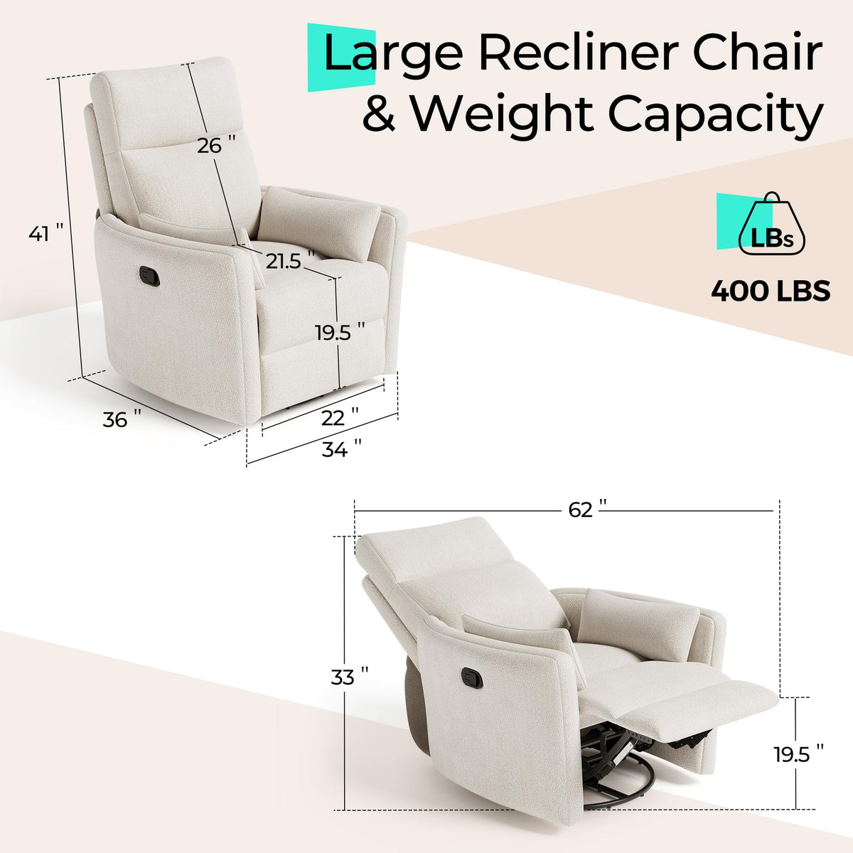360 Swivel Chenille Recliner Chair with 2 Pillows M434