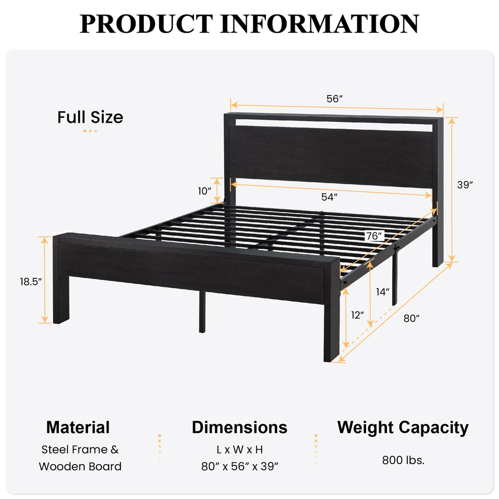 Full Size Bed Frame with Wooden Headboard and Footboard Q6382