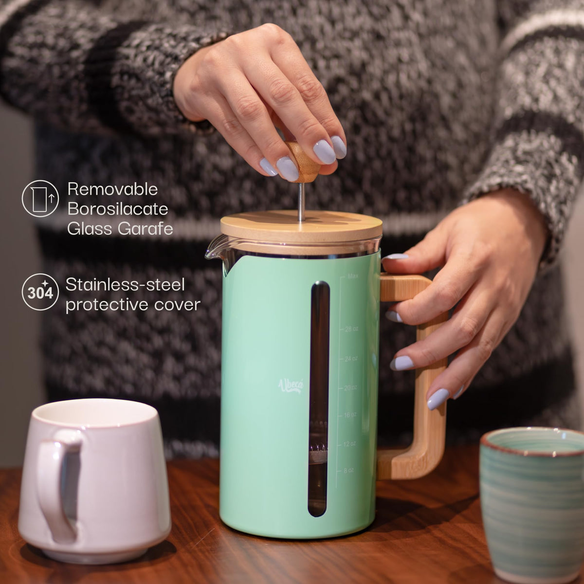34 oz Mint Green Borosilicate Glass French Press C7254