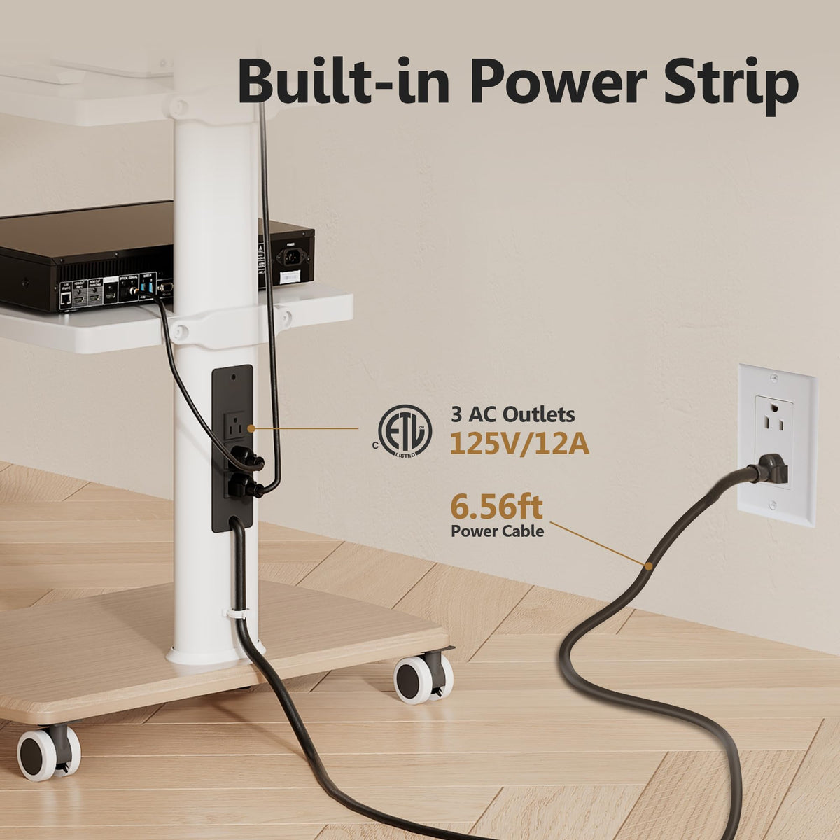 White Rolling TV Stand with Power Outlets S640