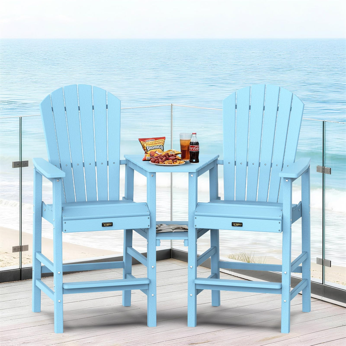 Blue Set of 2 Tall Adirondack Chairs with Dual Trays O780169