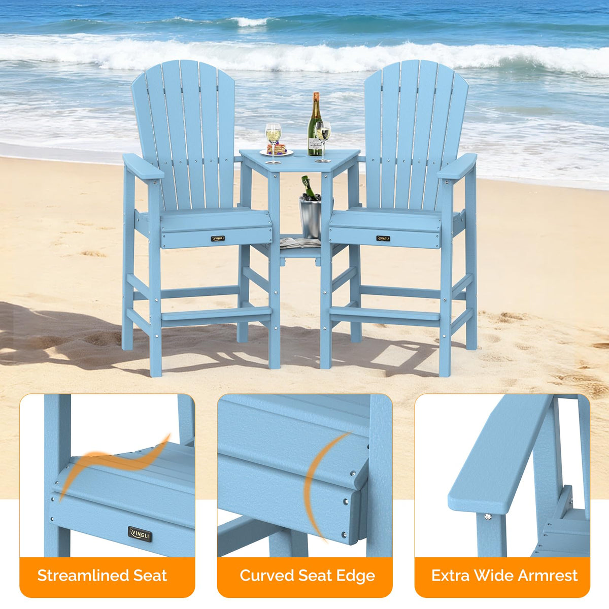 Blue Set of 2 Tall Adirondack Chairs with Dual Trays O780169