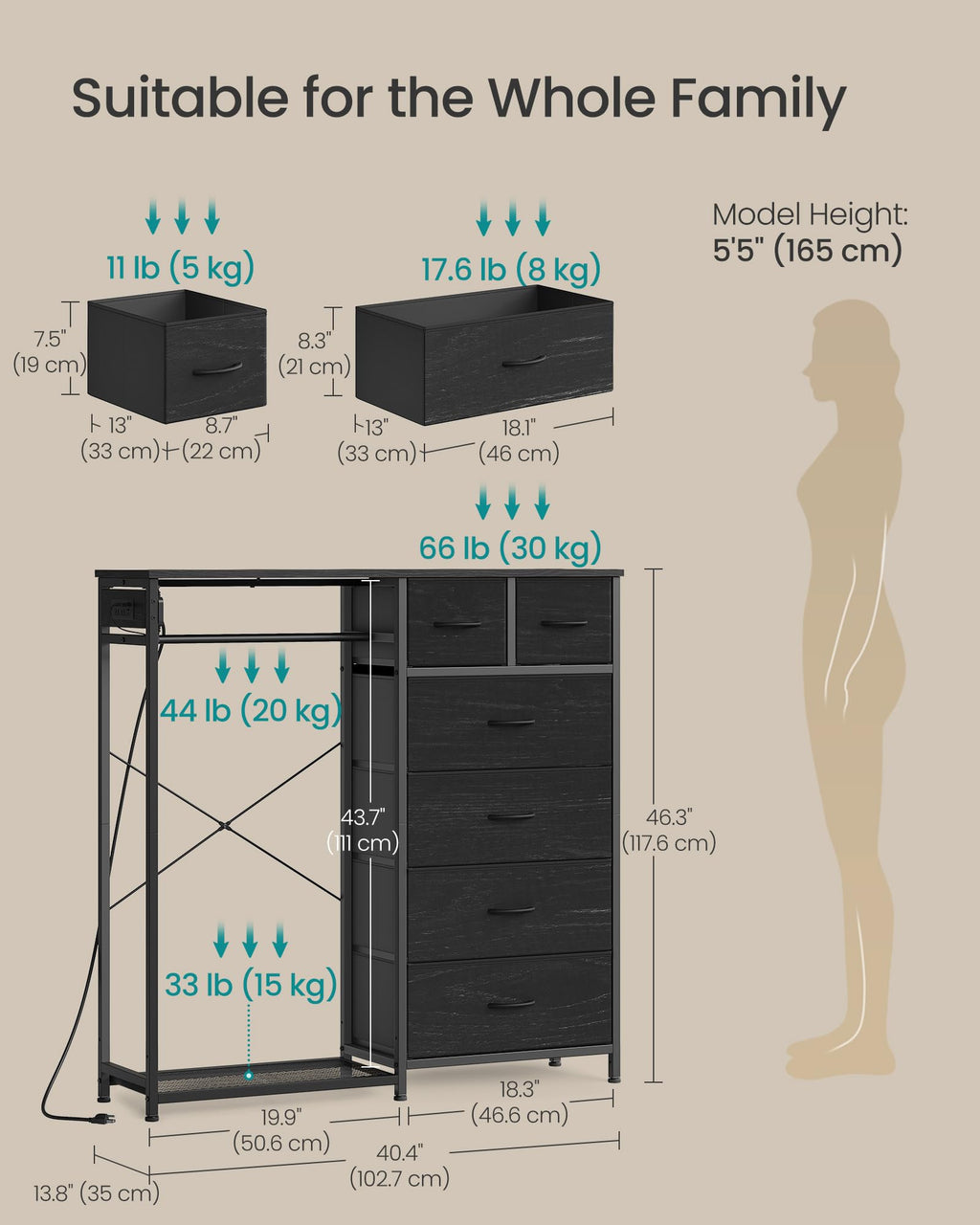 Dresser with Hanging Rod, Closet Organizer with 6 Fabric Drawers Y160
