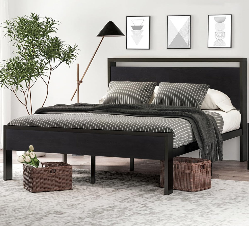 Full Size Bed Frame with Wooden Headboard and Footboard Q6382