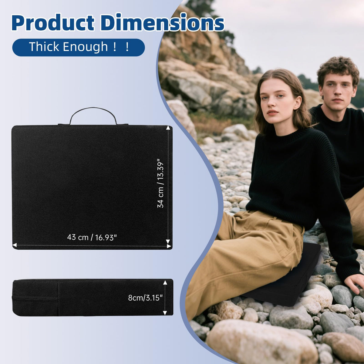 3.15" Extra Thick Waterproof 600D Oxford Bleacher Cushion with Carrying Handle Black U770