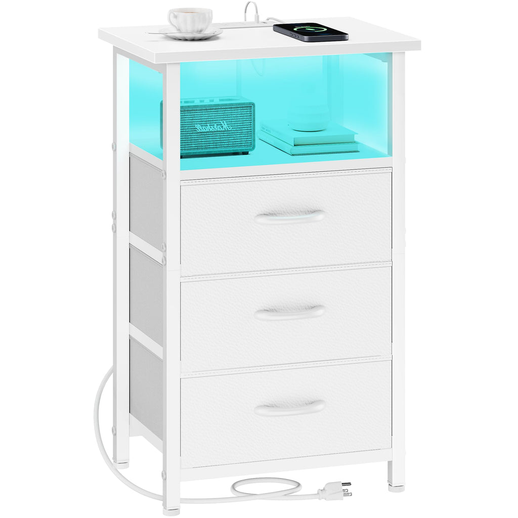 White Nightstand with Charging Station and 3 Fabric Drawers Z6115