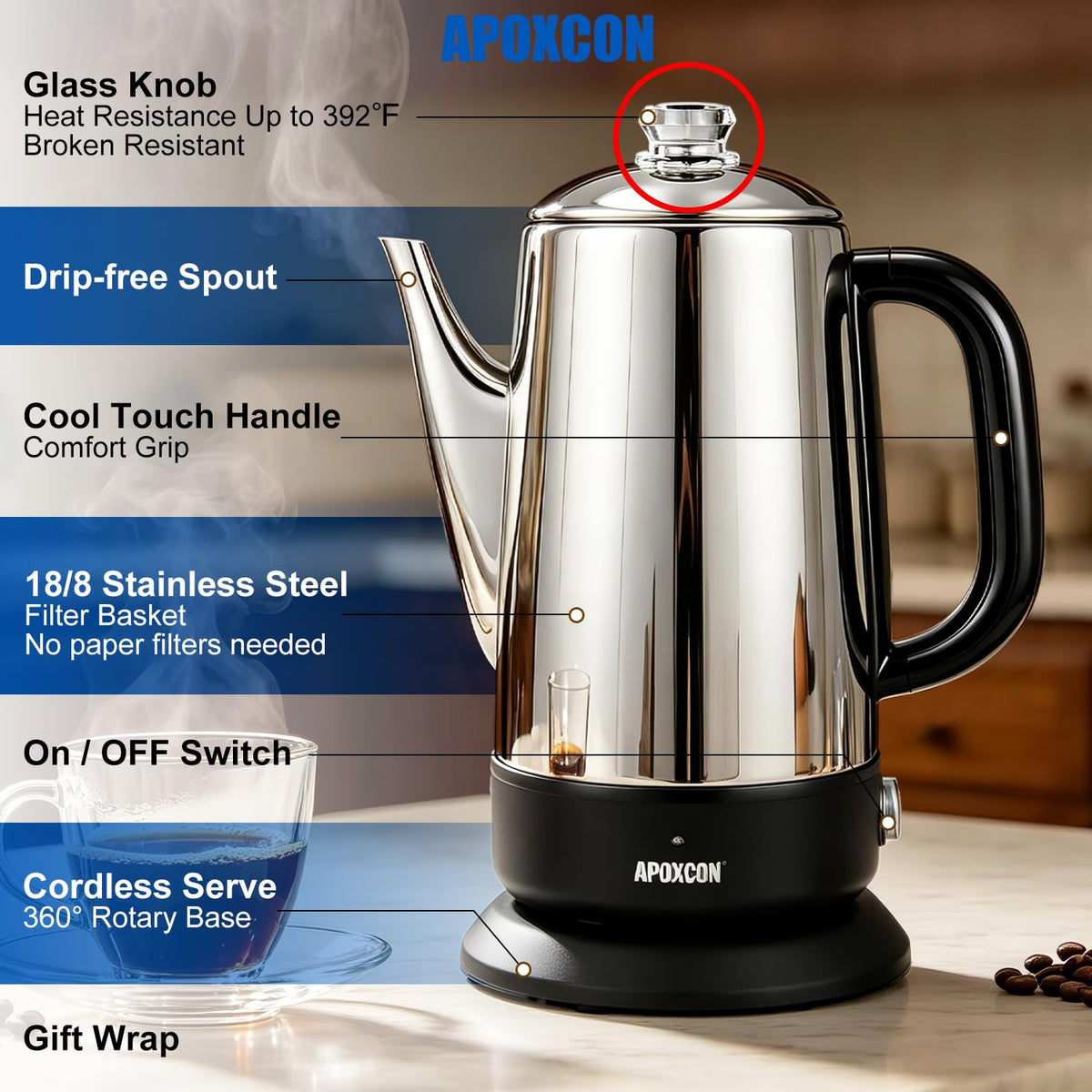 Electric Stainless Steel Coffee Percolator 1200ml 8 Cup S85532