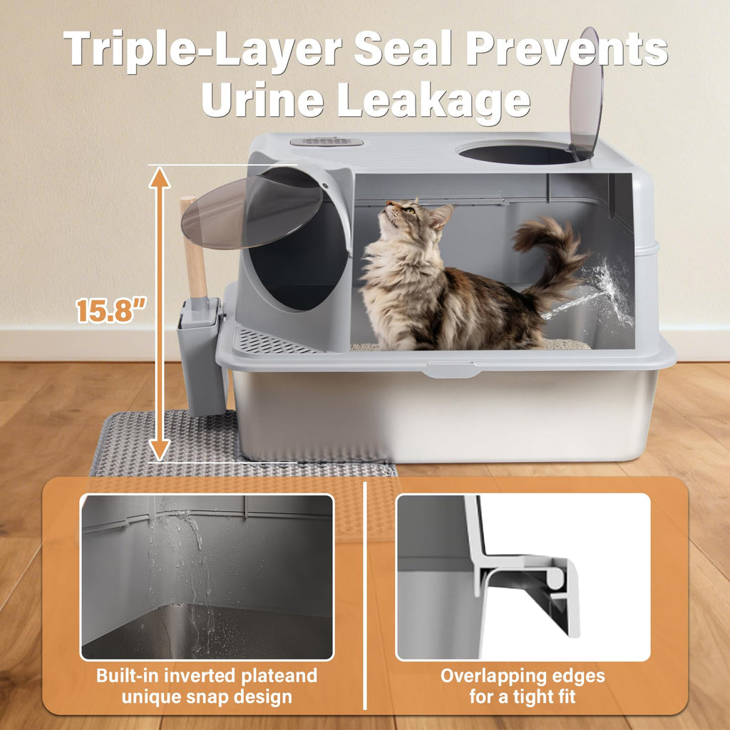 XL Stainless Steel Enclosed Cat Litter Box with Lid K1275