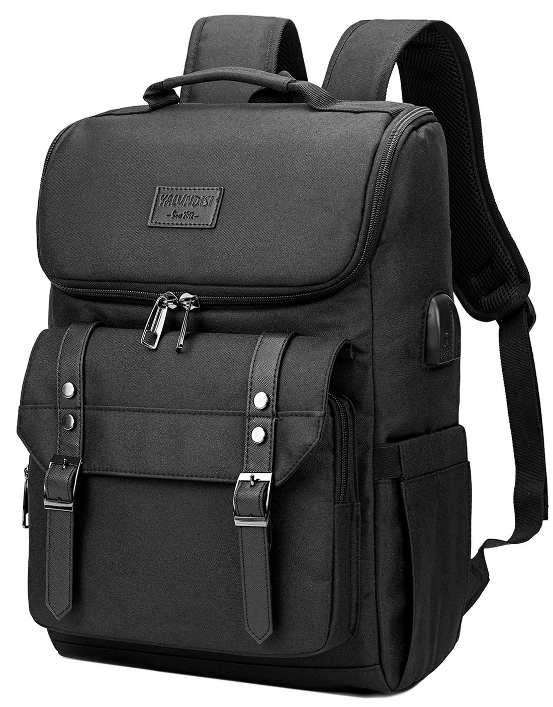 Vintage Laptop Backpack with USB Charging Port Fits 15.6 Inch Black C145