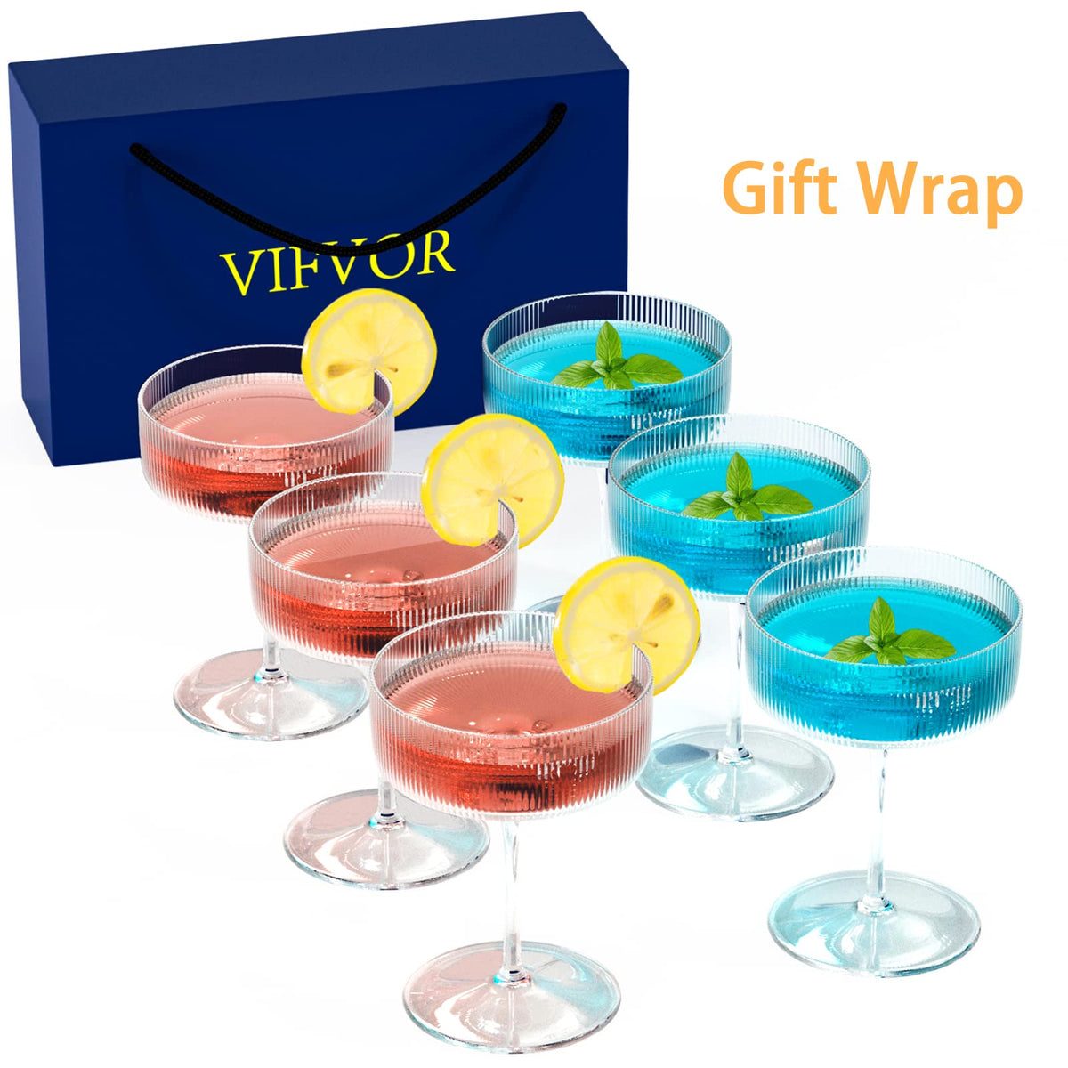 6 Pcs 10 oz Ribbed Coupe Cocktail Glasses I703995
