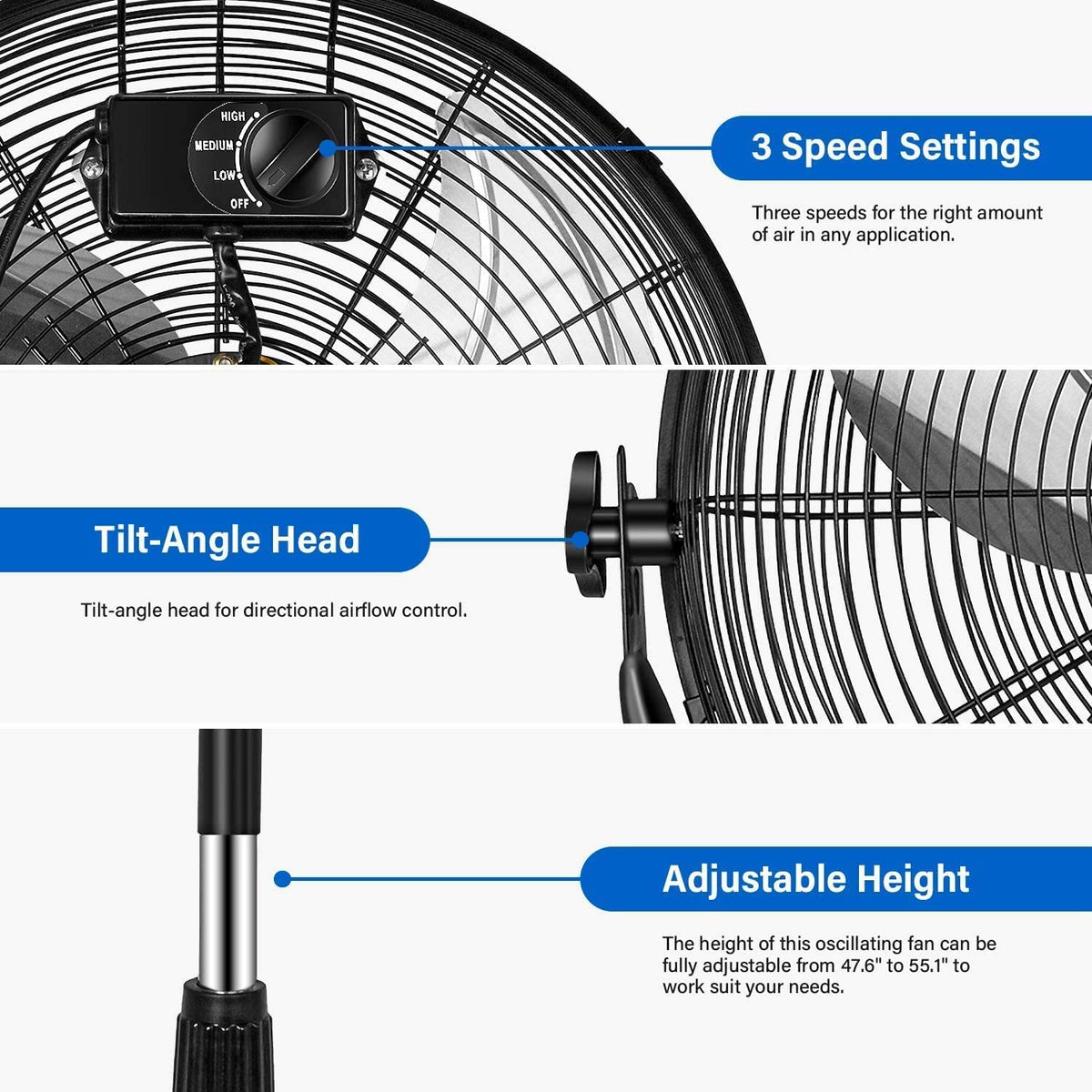 20 Inch 3-Speed High Velocity Metal Pedestal Standing Fan R8449
